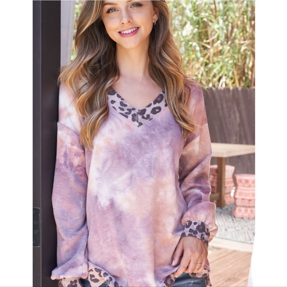 Rose And Brown Tie Dye Leopard Contrast Top